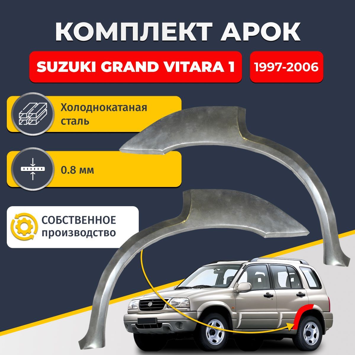 Комплект задних ремонтных арок для автомобиля (2 шт.), Suzuki Grand Vitara 1 1997-2006 внедорожник 5 дверей (Сузуки Гранд Витара 1). Холоднокатаная сталь 0,8мм.
