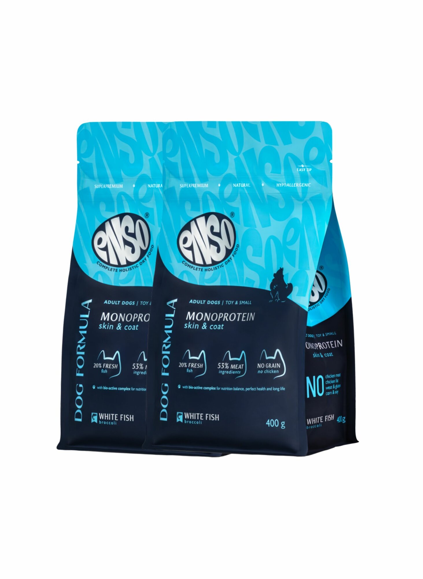 ENSO Dog formula Monoprotein сухой полнорационный корм для взрослых собак мелких и миниатюрных пород со свежей белой рыбой с добавлением брокколи 0,4 кг x 2 шт.
