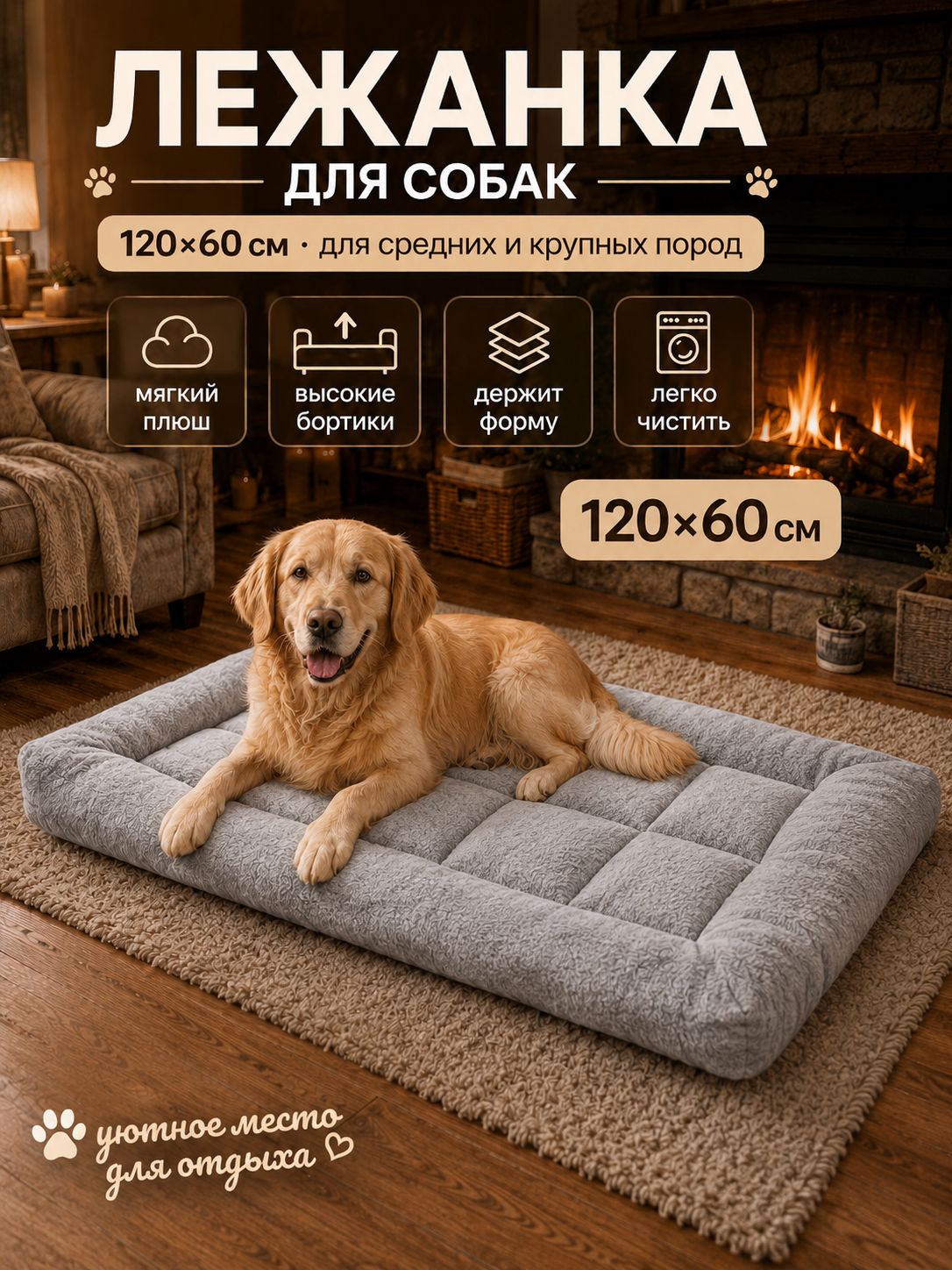 Лежанка для собак крупных и средних пород 120х60 см, мягкий коврик-матрас для больших собак, серый/бежевый