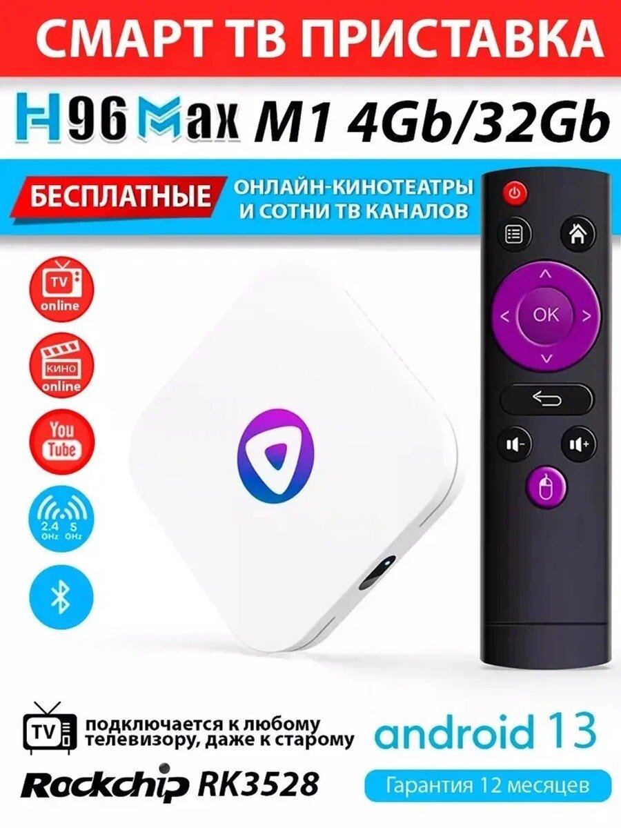 Умная ТВ-приставка H96 MAX M1, Android 13, 4ГБ+32ГБ, Rockchip 3528, 4K Ultra HD, Bluetooth 4.0, медиаплеер