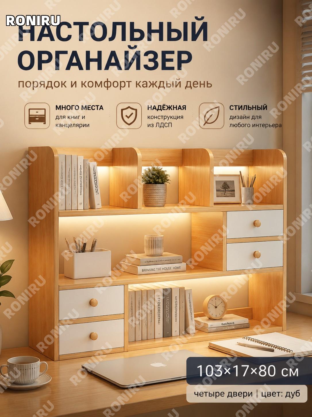Стеллаж для книг настольный 103×17×80 см, четырёхдверный, цвет брашированный дуб, органайзер для стола для дома