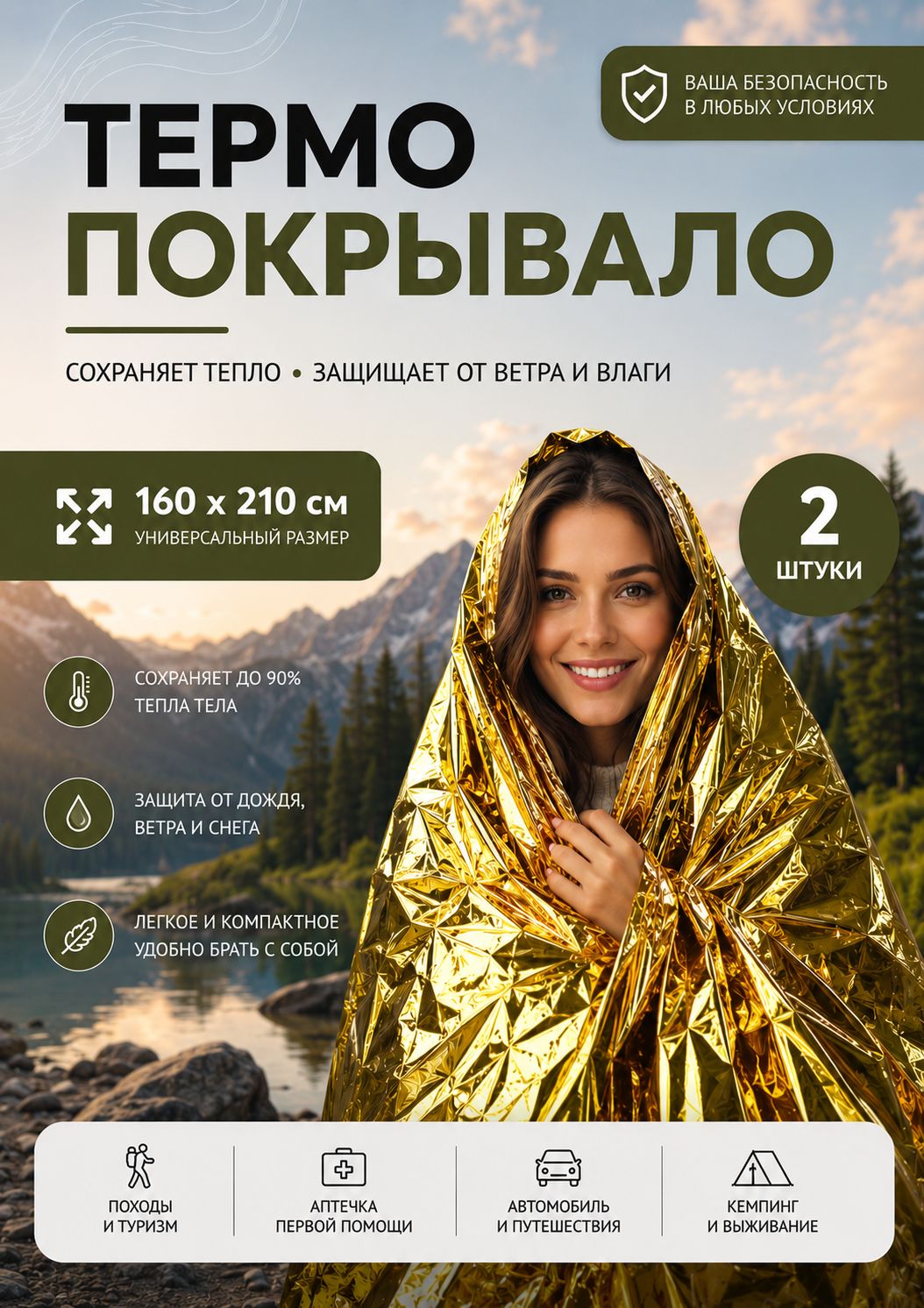 Термоодеяло спасательное туристическое 160 х 210 см