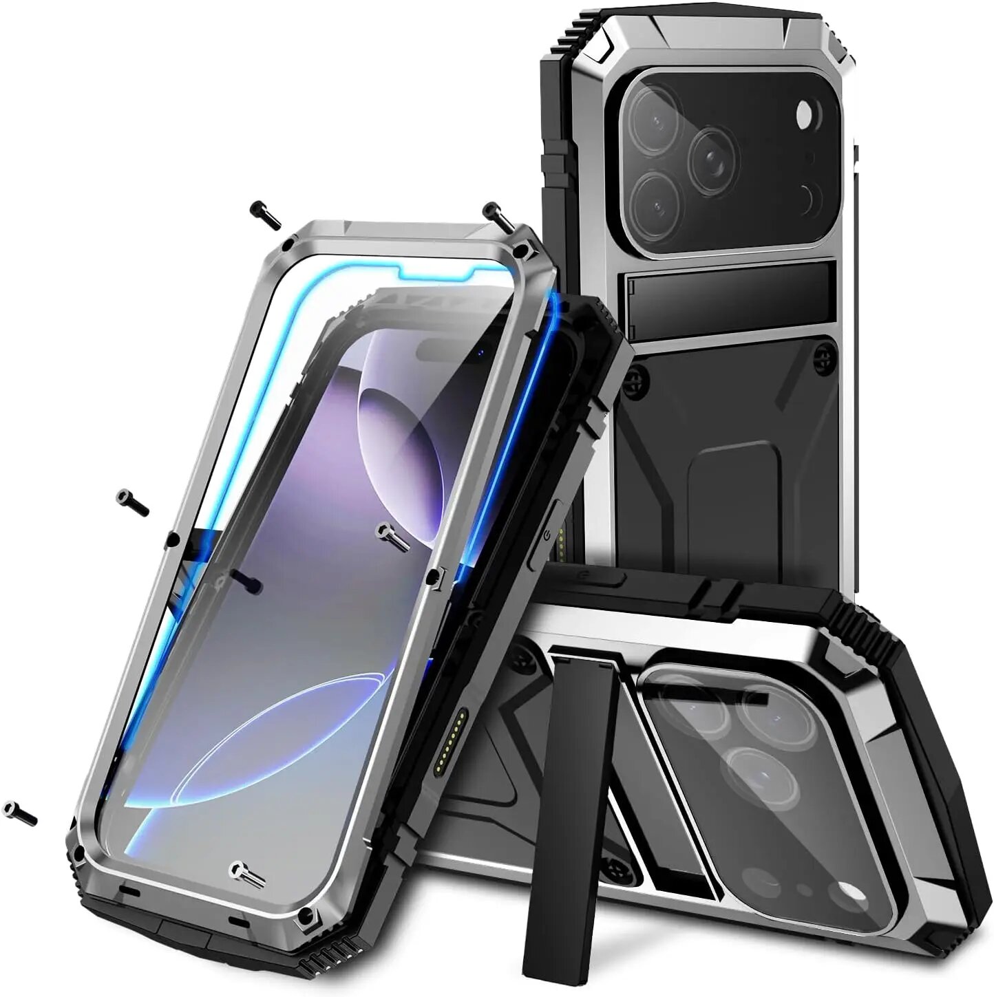 Чехол для iPhone 14 Pro Max черный/серебристый, металлический, с подставкой