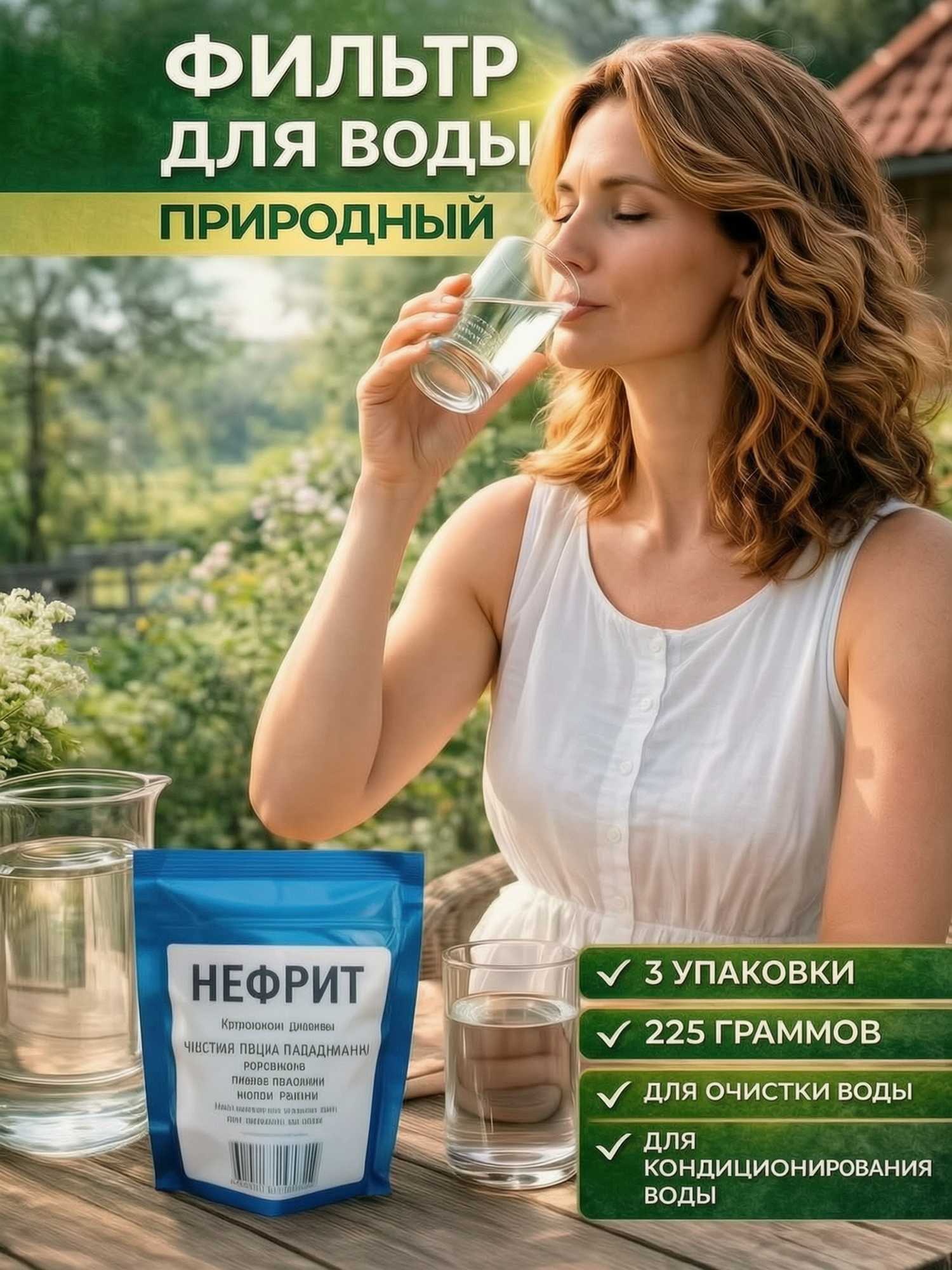 Природный фильтр для воды Нефрит Природный Целитель 75 г, нефрит-75-3шт