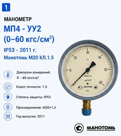 Манометр МП4 - УУ2 (0-60кгс/см2) ip53 - 2011 г. - Манотомь М20 КЛ.1.5