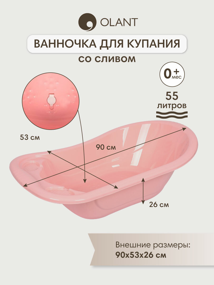 Ванночка детская для купания OLANT со сливом, прорезиненные ножки, розовая