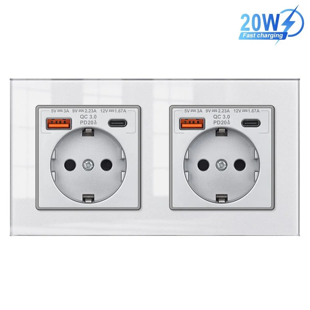 Розетка электрическая двойная с USB и type-C входами, быстрая зарядка 20W, рамка закаленное стекло серебристый