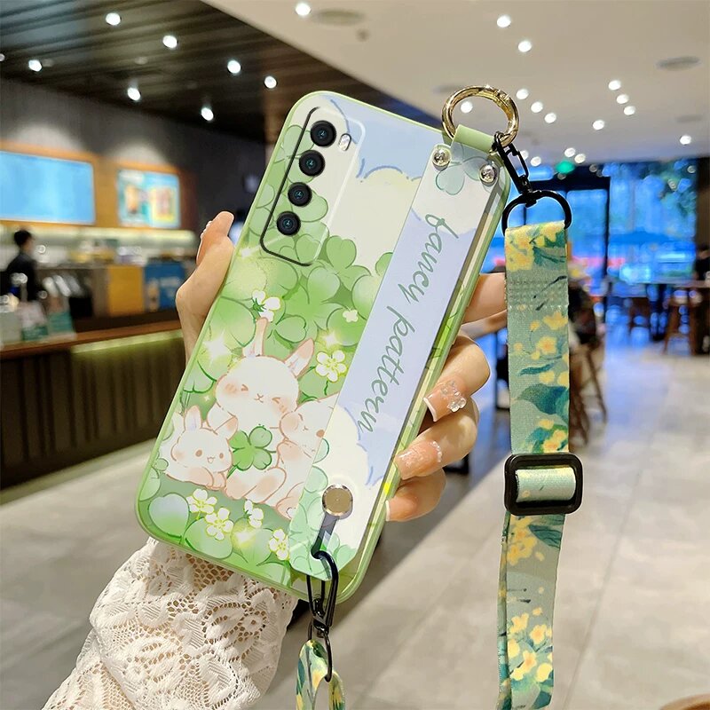 HUAWEI P50 Чайно-зеленый Паттерн листового кролика Чехол с ремешком и жидким покрытием