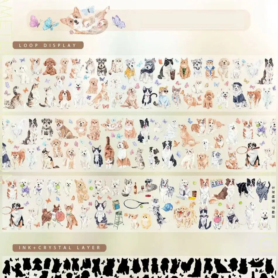 Клейкая лента Washi для декора окон с изображением кошек и собак