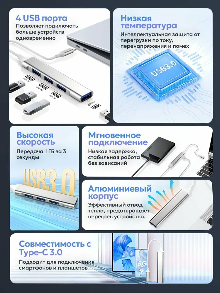 USB-концентратор, компактный разветвитель для ноутбука и компьютера, подходит для флешек, мышей и клавиатур — фото 1
