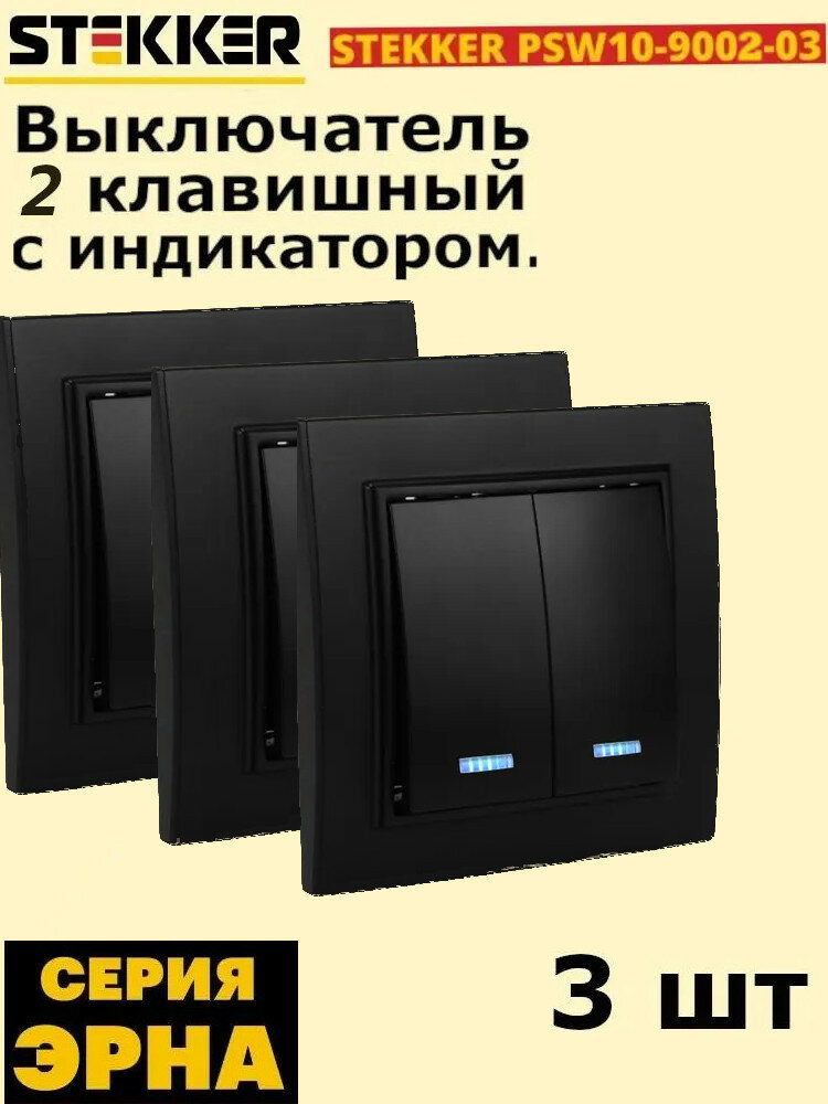 Выключатель двухклавишный c индикатором 250V 10А серия Эрна 3 штуки PSW10-9002-03 черный STEKKER 39471