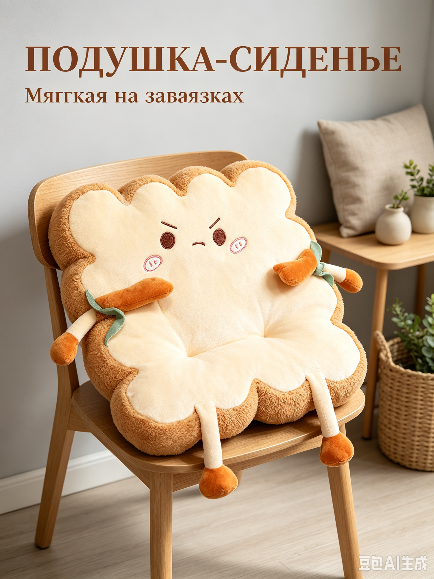 Подушка для стула, в форме тоста, мягкая плюшевая поверхность, завязки, размер 40*40, сердитое выражение лица