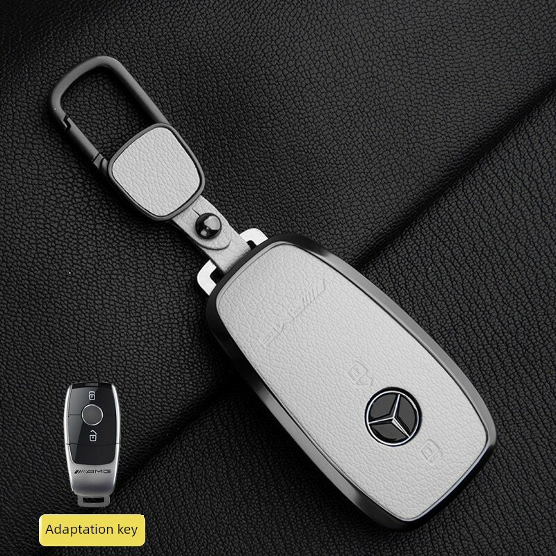 Чехол для ключа Mercedes AMG 2-клавишный из французской козьей кожи с квадратной пряжкой в цвете Ивовый белый