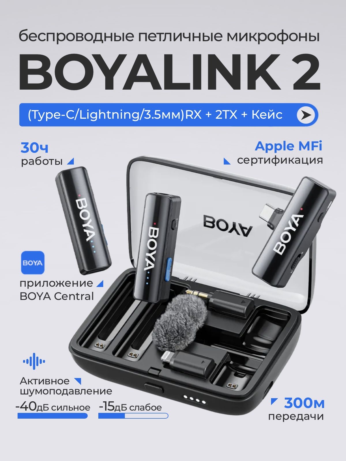 BOYA Микрофон петличный BOYALINK 2, черный--SD926