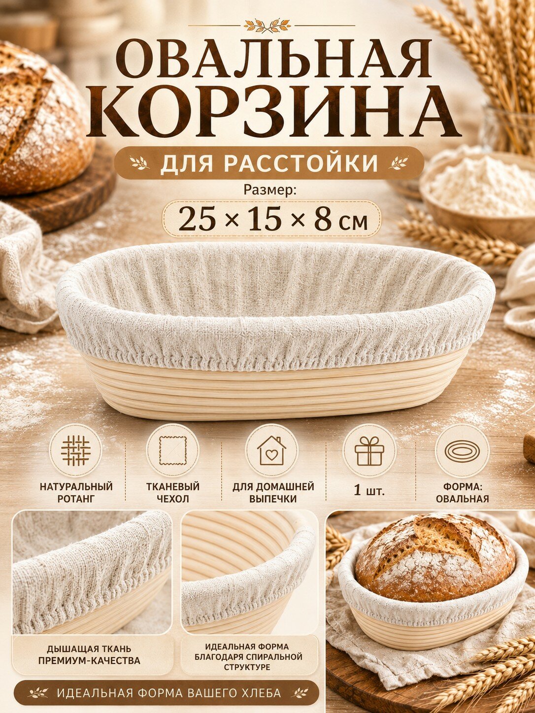 Корзина для расстойки хлеба длина 25 см, ширина 15 см, высота 8 см, 1 шт