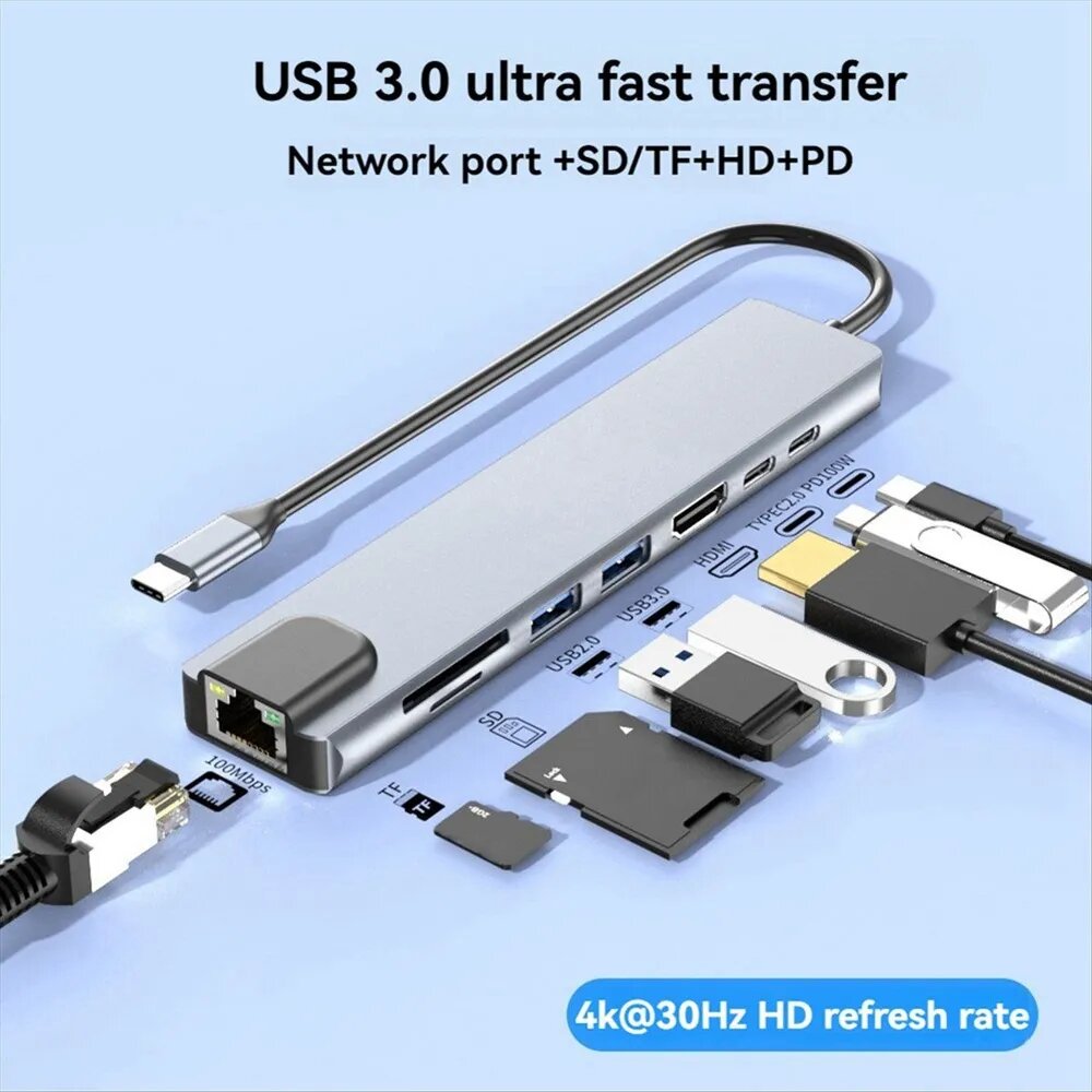 Многофункциональный USB-C концентратор с Ethernet, поддержкой 4K HD, USB 3.0 и устройством чтения SD-карт (серый).