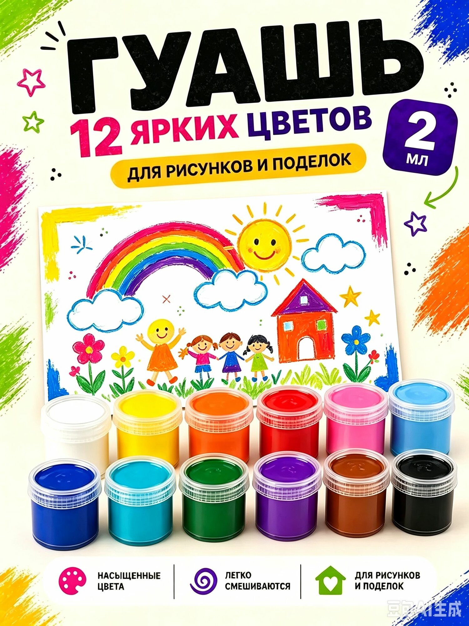 Гуашь 12 шт, 2 мл./ 48 г.