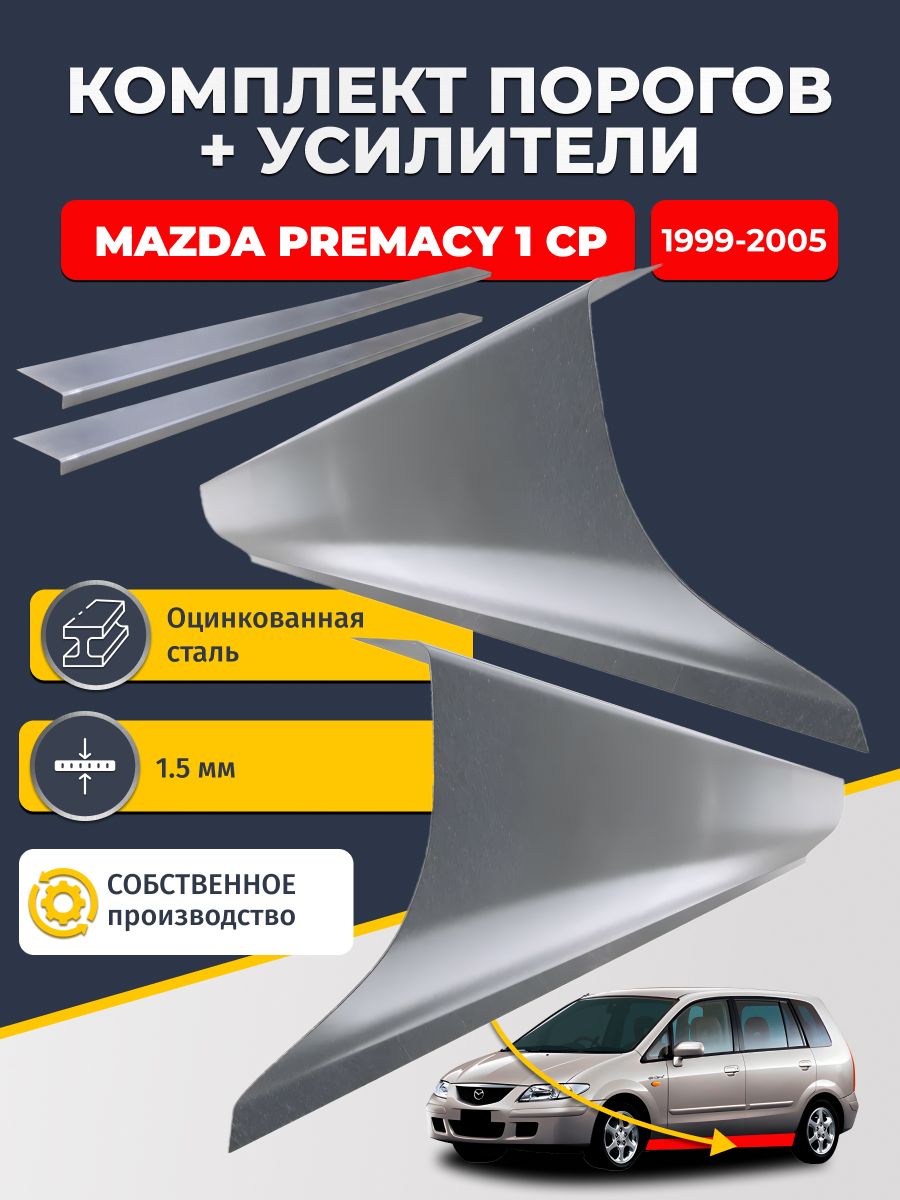 Ремонтные пороги комплект (2 шт.) и усилители (2 шт.), для Mazda Premacy 1 CP 1999-2005, оцинкованная сталь 1.5 мм. (Мазда Премаси), пороги и усилители. Кузовной ремонт.