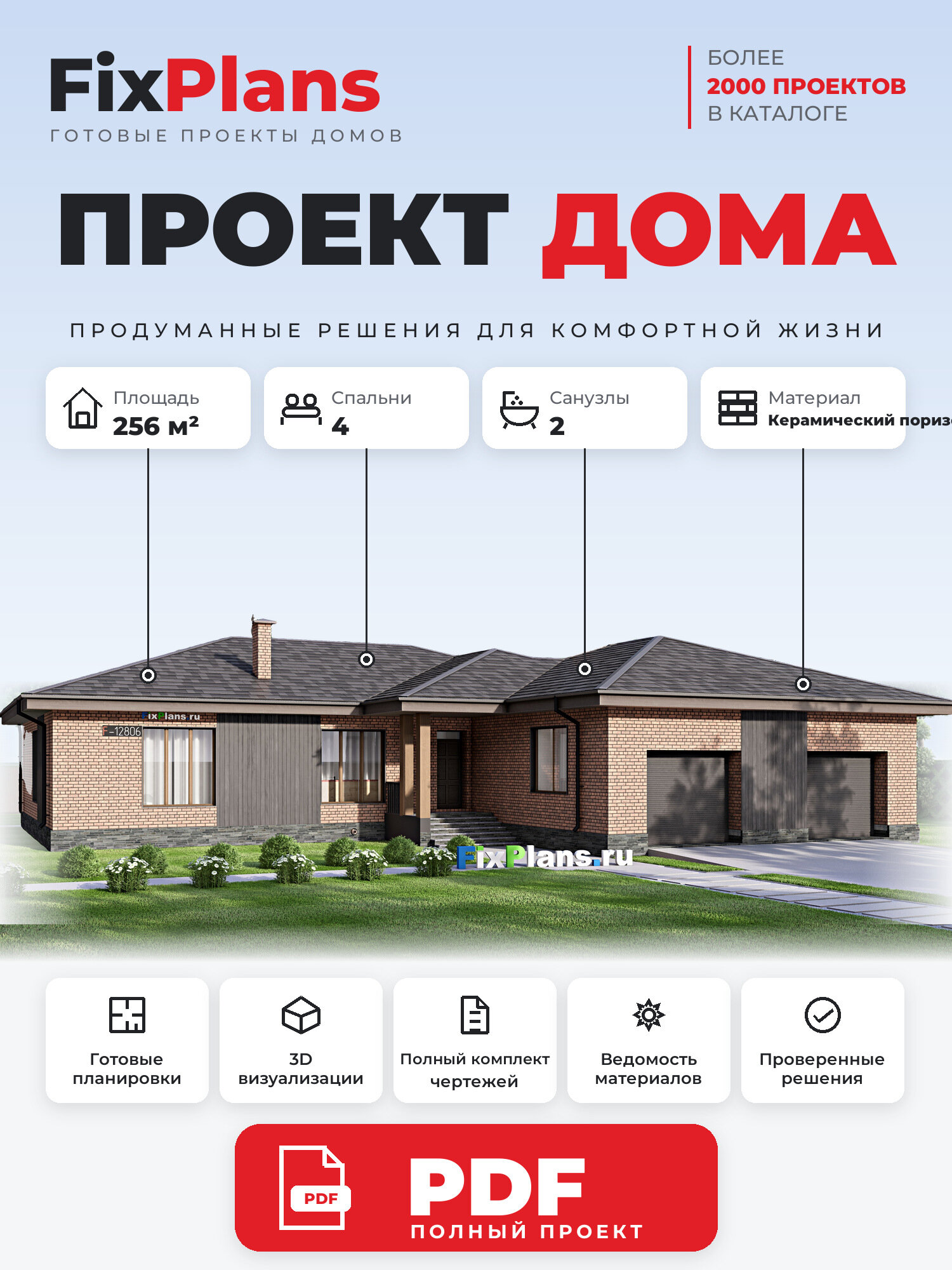 Проект дома FIXPLANS. Одноэтажный. Площадь 252.18 м2 F-12806 Размер 19.7 х 22.345