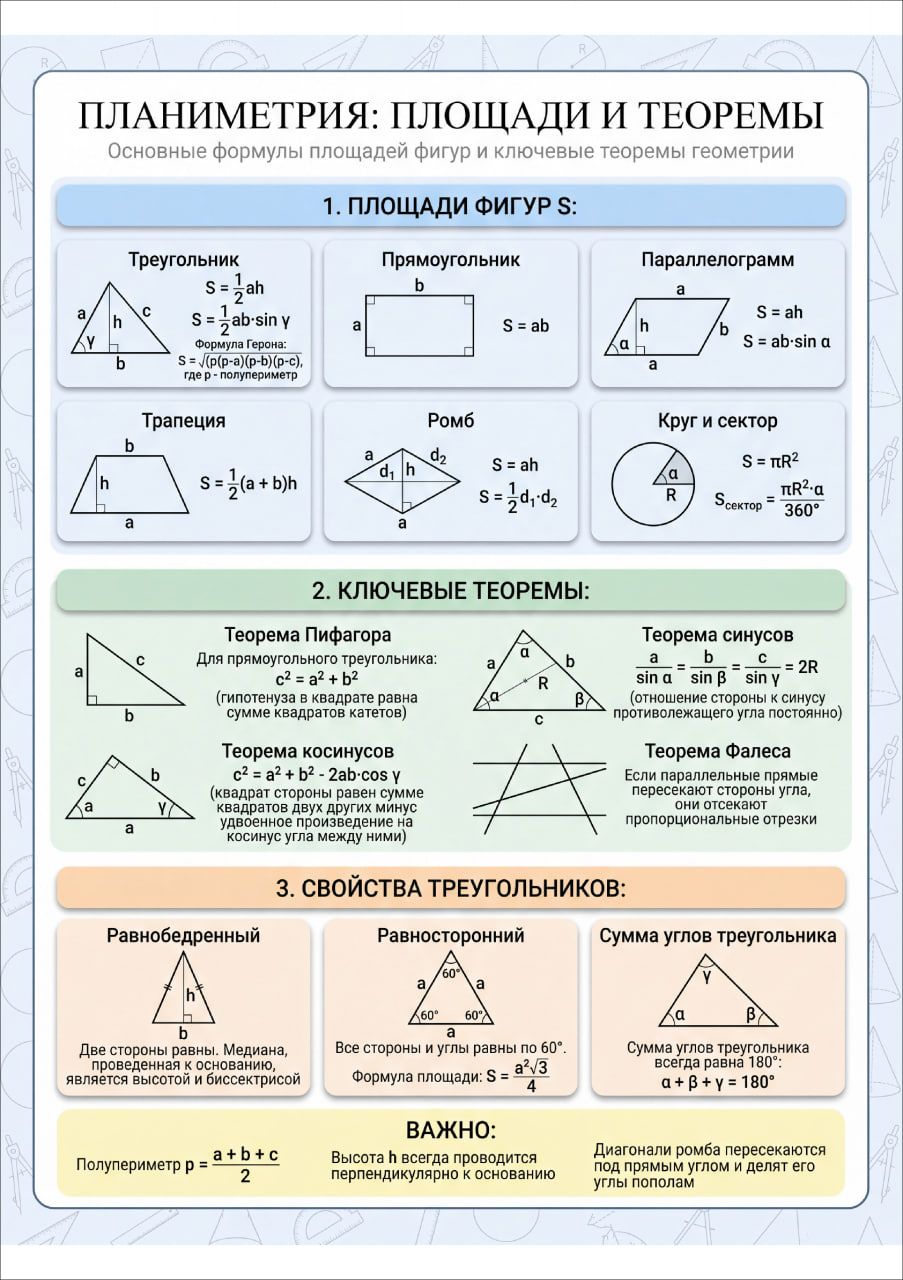 Плакат "Планиметрия: Площади и теоремы" - А1 - вертикальная