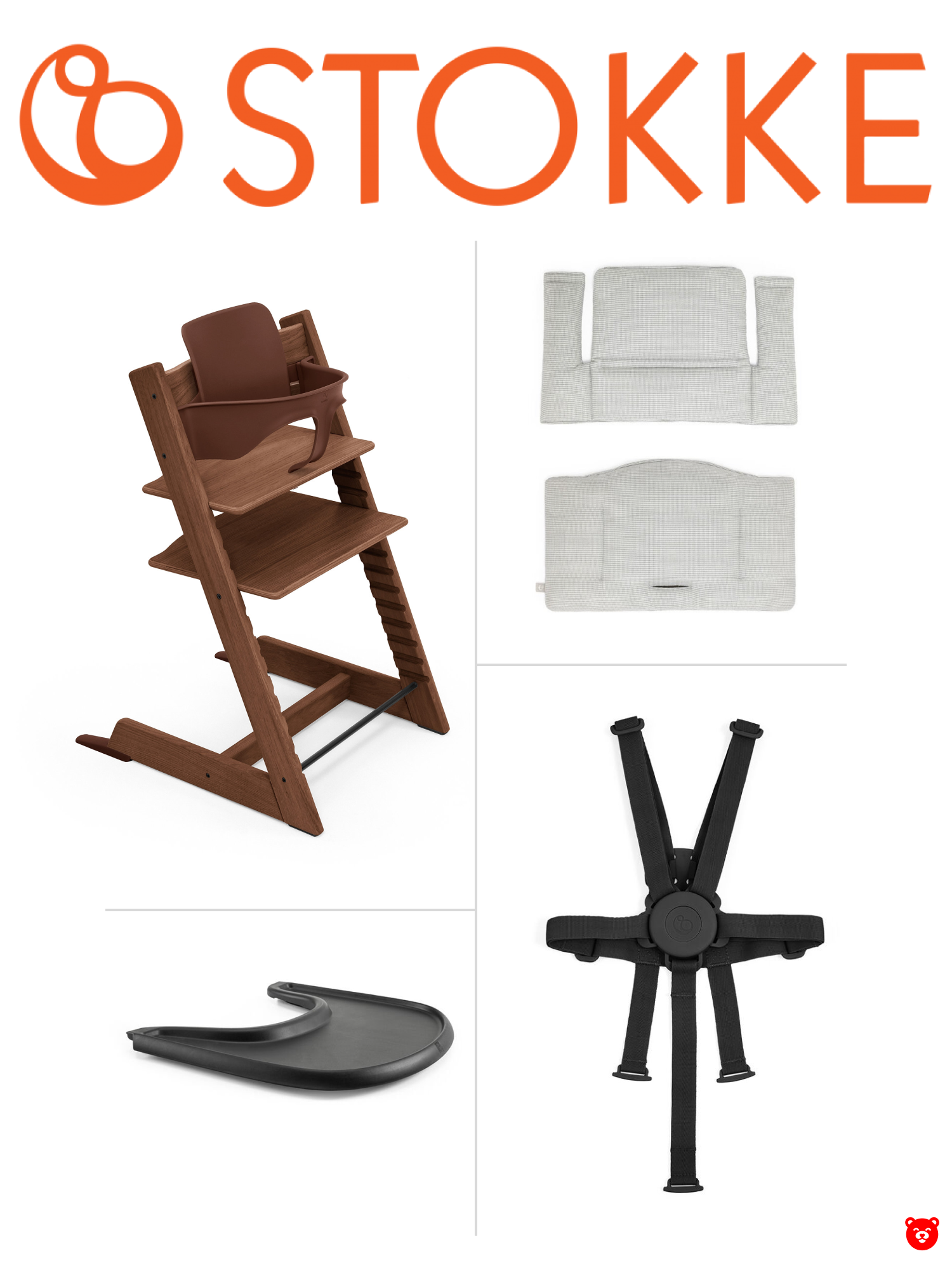 Stokke Стул Tripp Trapp 5в1 сиденье, столешница, ремни, подушка, цвет Warm Brown