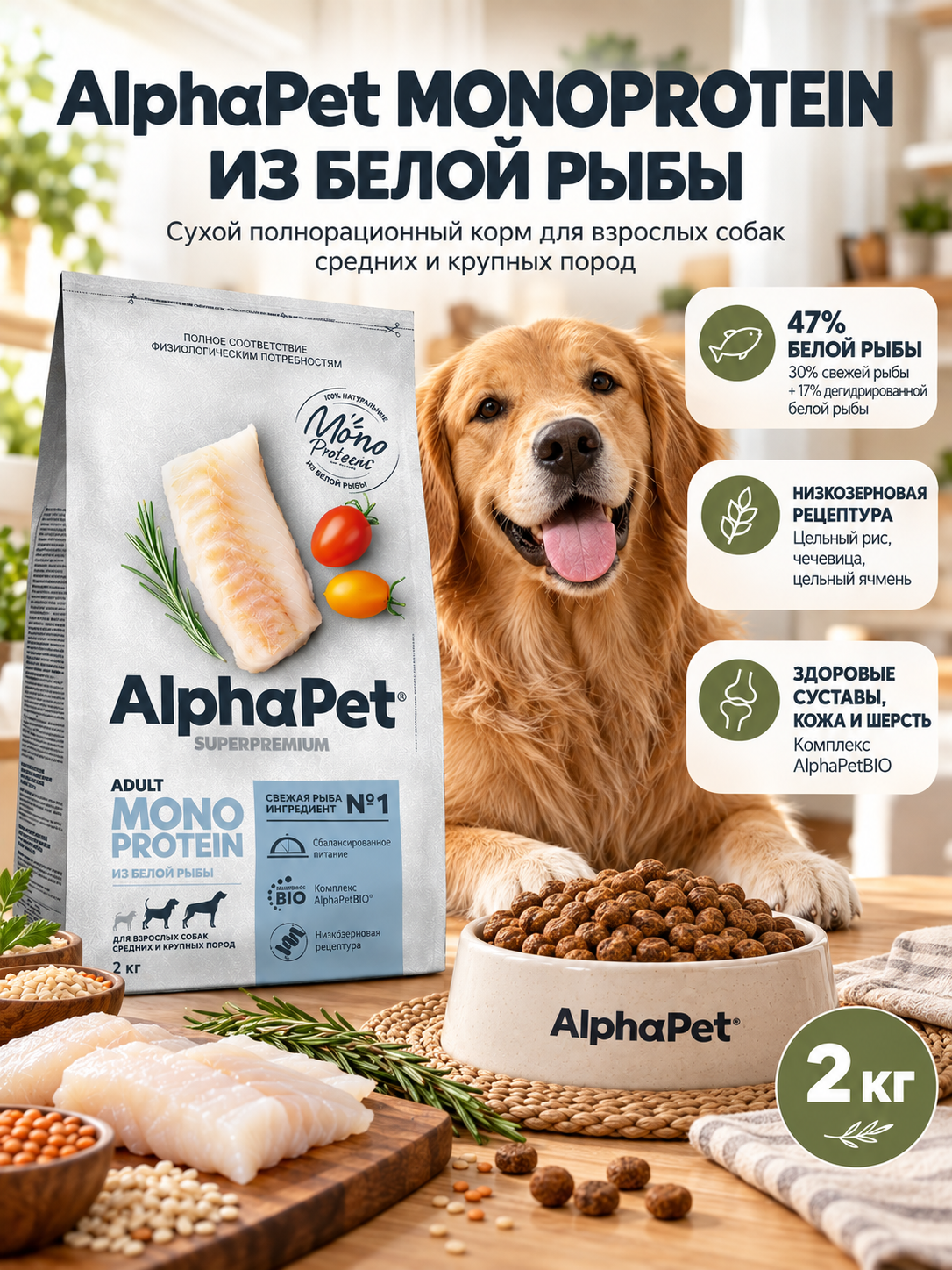 AlphaPet Superpremium MONOPROTEIN 2 кг для собак взрослых средних и крупных пород из белой рыбы