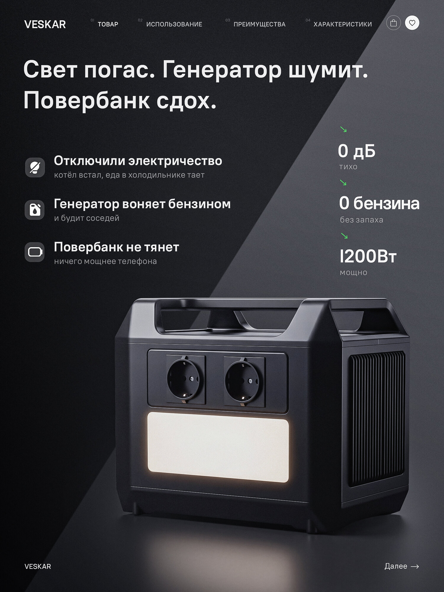 Портативная зарядная электростанция 1200Вт для дома, дачи, кемпинга