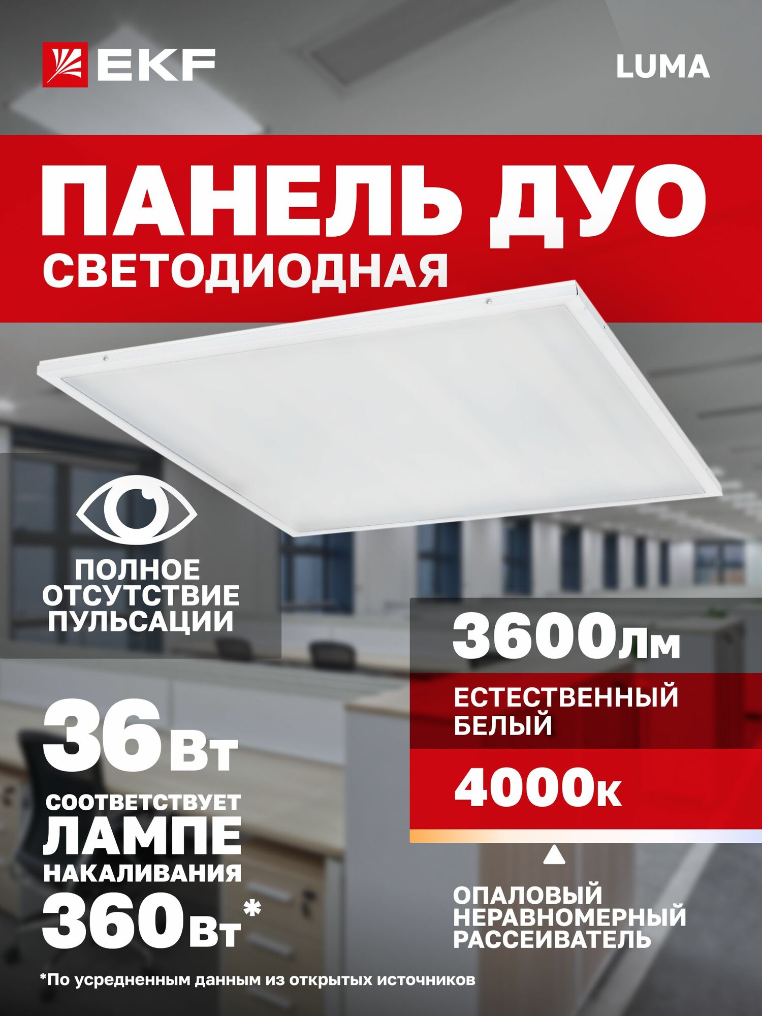 Светодиодная панель 36Вт 4000K 3600Лм опал 595x595мм IP20. Светильник потолочный армстронг универсальный LED LUMA нейтральный белый; EKF (ДВО) ДУО-4103-L