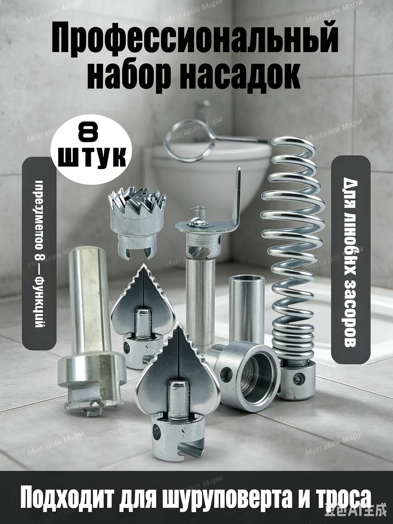 Набор насадок для прочистки труб и канализации, 8 штук, универсальные стальные фрезы для сантехнического троса и шуруповерта, удаление засоров