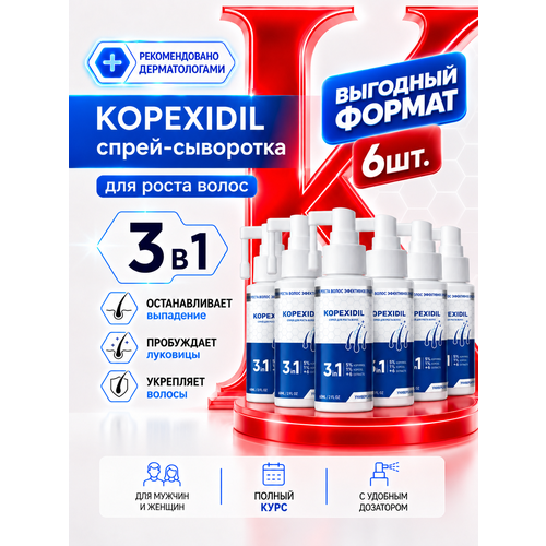 фото Сыворотка для роста волос 3-в-1 спрей kopexidil, набор из 6 шт (полный курс) активация роста, против выпадения