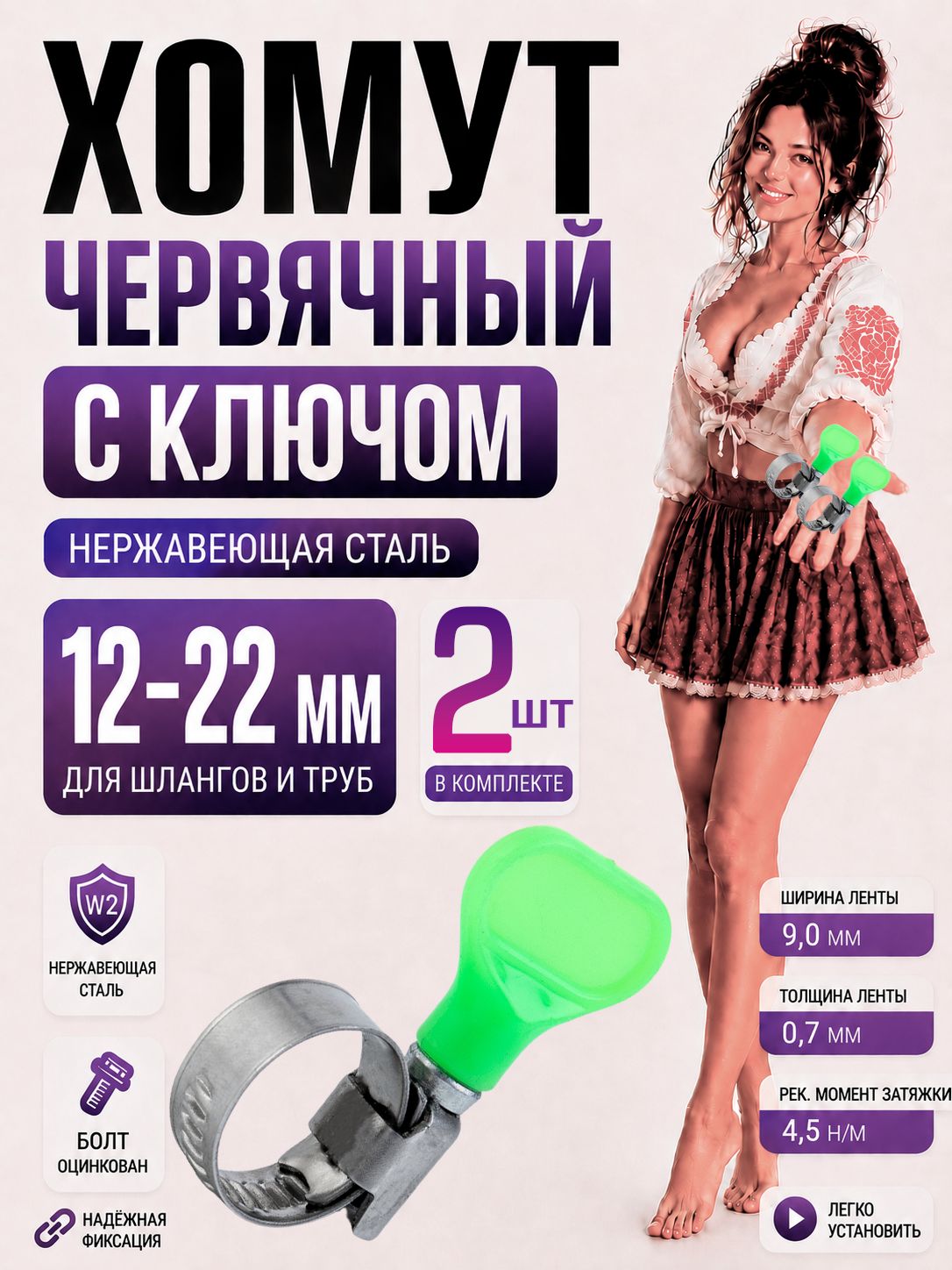 Хомуты металлические для шланга 12-22 мм с ключом, для шланга 3/4", набор из 2 шт, нержавеющая сталь W2
