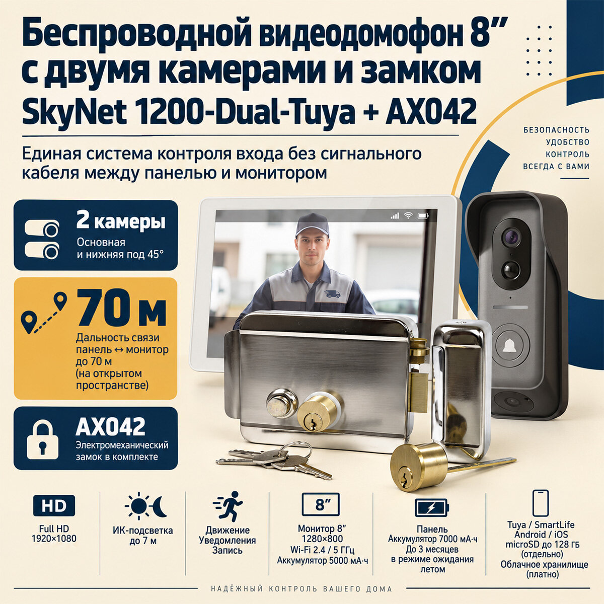 Беспроводной Wi-Fi FullHD видеодомофон с Tuya и электромеханический антивандальный замок Skynet-Tuya-1200 + AX042 (Dual) (E71569KO) для уличного исп