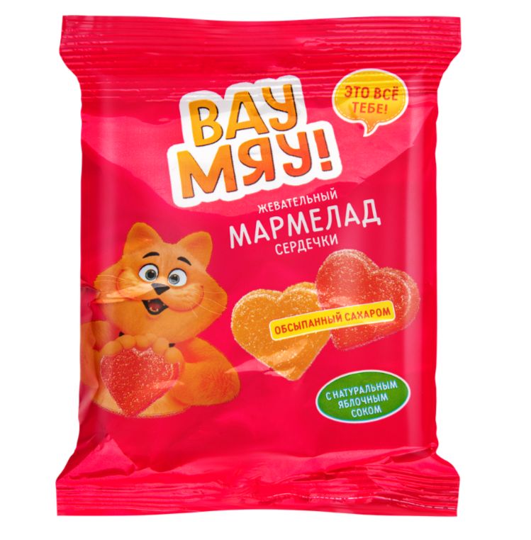 Мармелад жевательный ВАУ МЯУ! Сердечки, обсыпанные сахаром, 70г