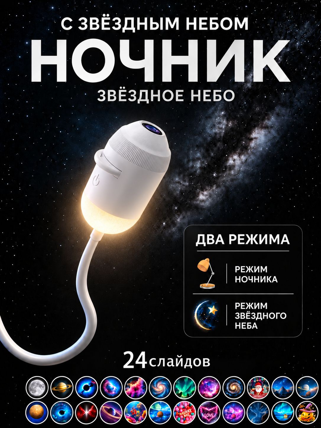 Ночник с проекцией звездного неба, мини проектор с 24 слайдами на потолок, USB, 2 режима