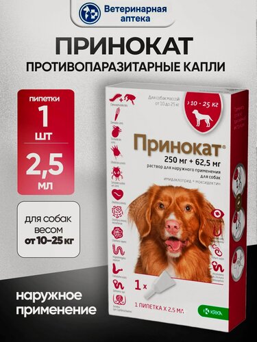 Изображение товара KRKA Принокат 250 мг+62,5 мг капли на холку противопаразитарные для собак весом 10-25 кг 2.5 мл пипетка 1 шт