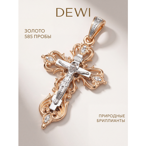 фото Крестик dewi, комбинированное золото, 585 проба, бриллиант, размер 3.3 см., золотистый