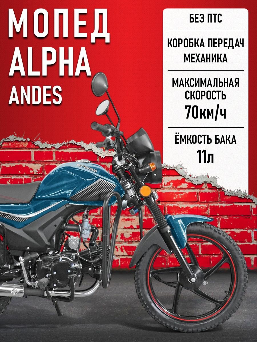 Мопед Alpha ANDES (Тюнинг)(защита ног, подставка для ног, багажник, литые диски) морская волна