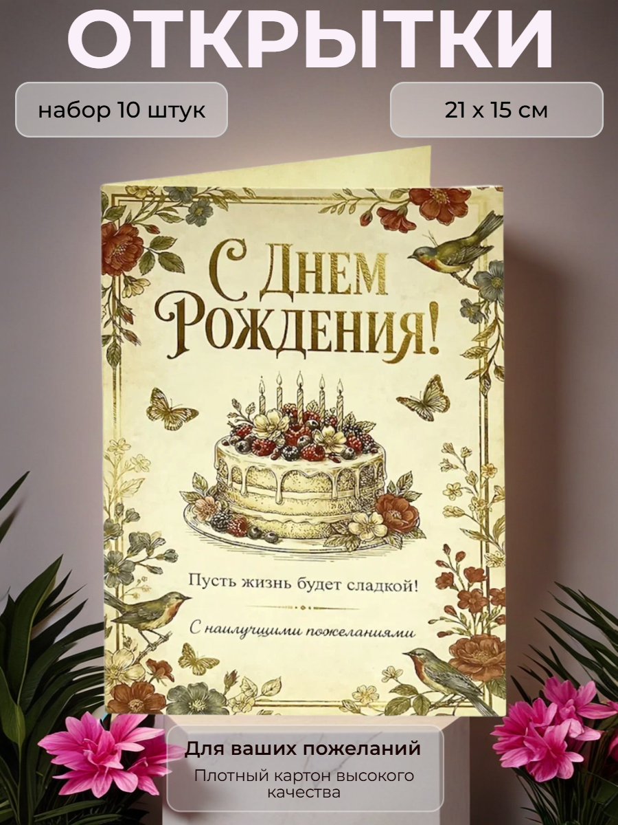 Открытка с Днём Рождения "Пусть жизнь будет сладкой", набор 10 шт.