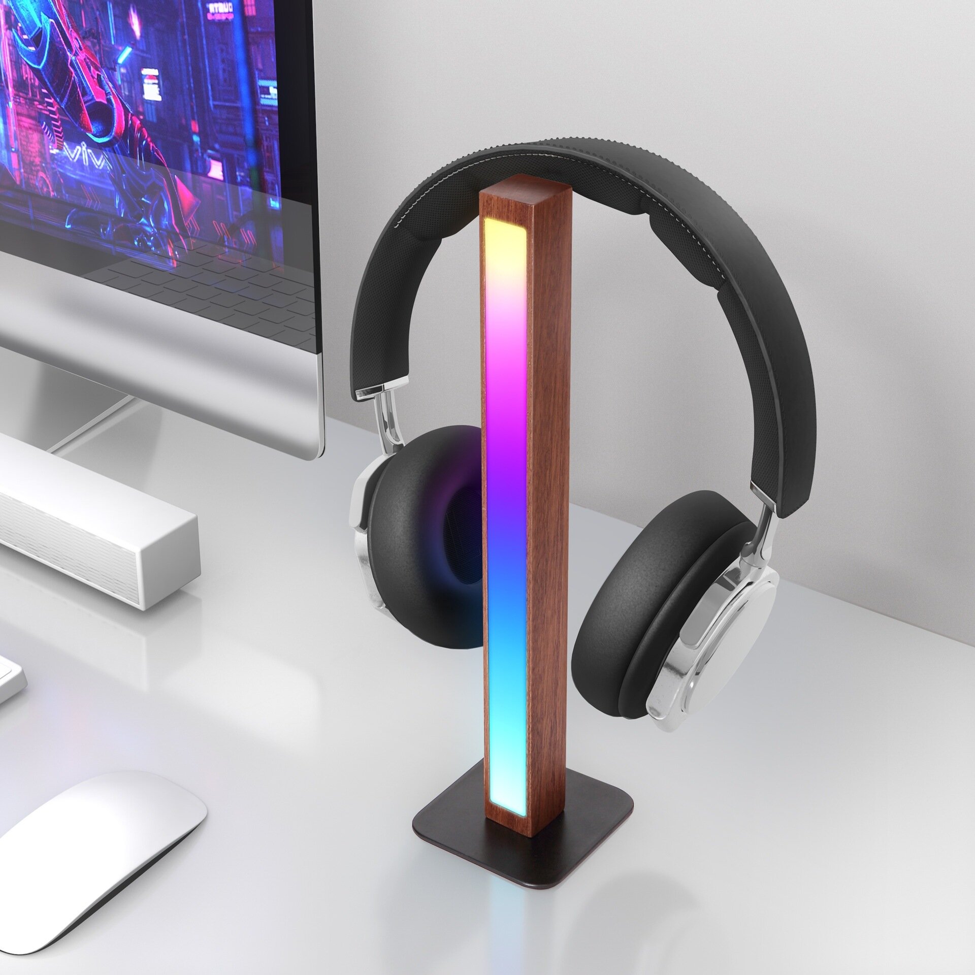 RGB регулируемый цветовой ночник с магнитной подставкой для телефона, березовая древесина, для рабочего стола