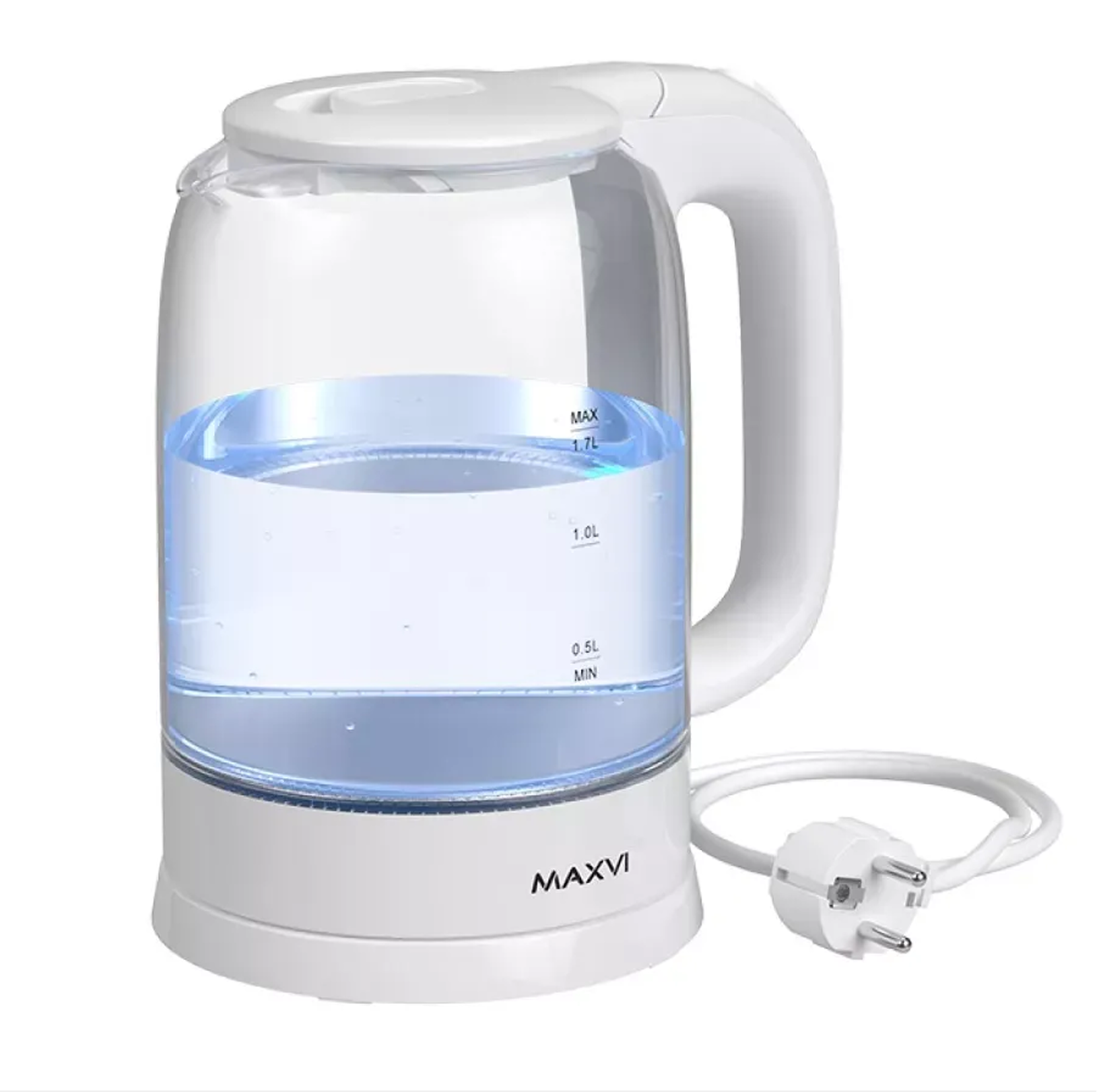 Электрочайник 1.7 литра стеклянный с подсветкой MAXVI KE1741G white