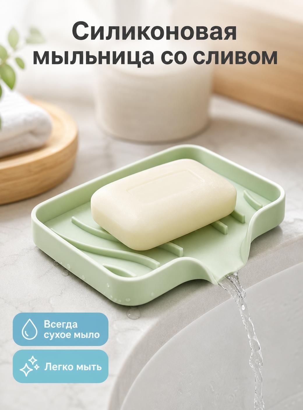Зеленая силиконовая мыльница 12×10 см, гибкая с дренажными каналами