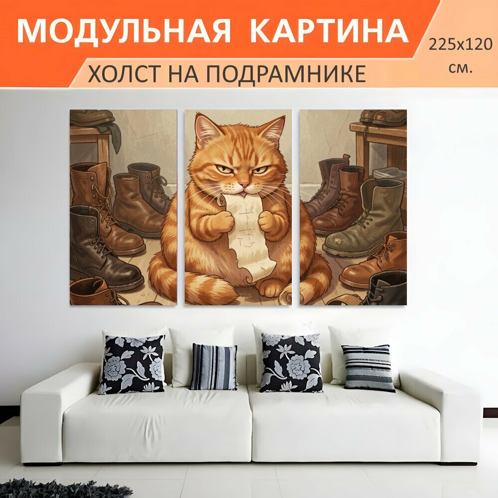 Модульная картина на холсте "Рыжий кот с пергаментом. Игривый антропоморфный рыжий кот с свитком в окружении старых ботинок и сапог." триптих на подрамнике 225х120 см. для интерьера