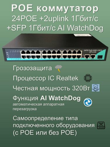 Изображение товара Коммутатор YDA POE 24POE+2Uplink 1000 Мбит/с+SFP 1000 Мбит/c, WatchDog+VLAN, 250 метров,320 Ватт, процессор IC REALTEK