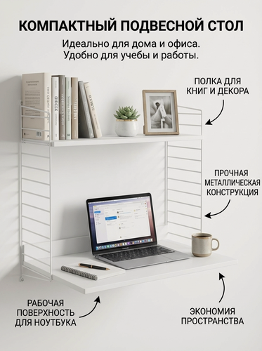 Изображение товара Стол письменный подвесной с полкой, для дома и офиса, для ноутбука, для школьника 80х75х60 белый