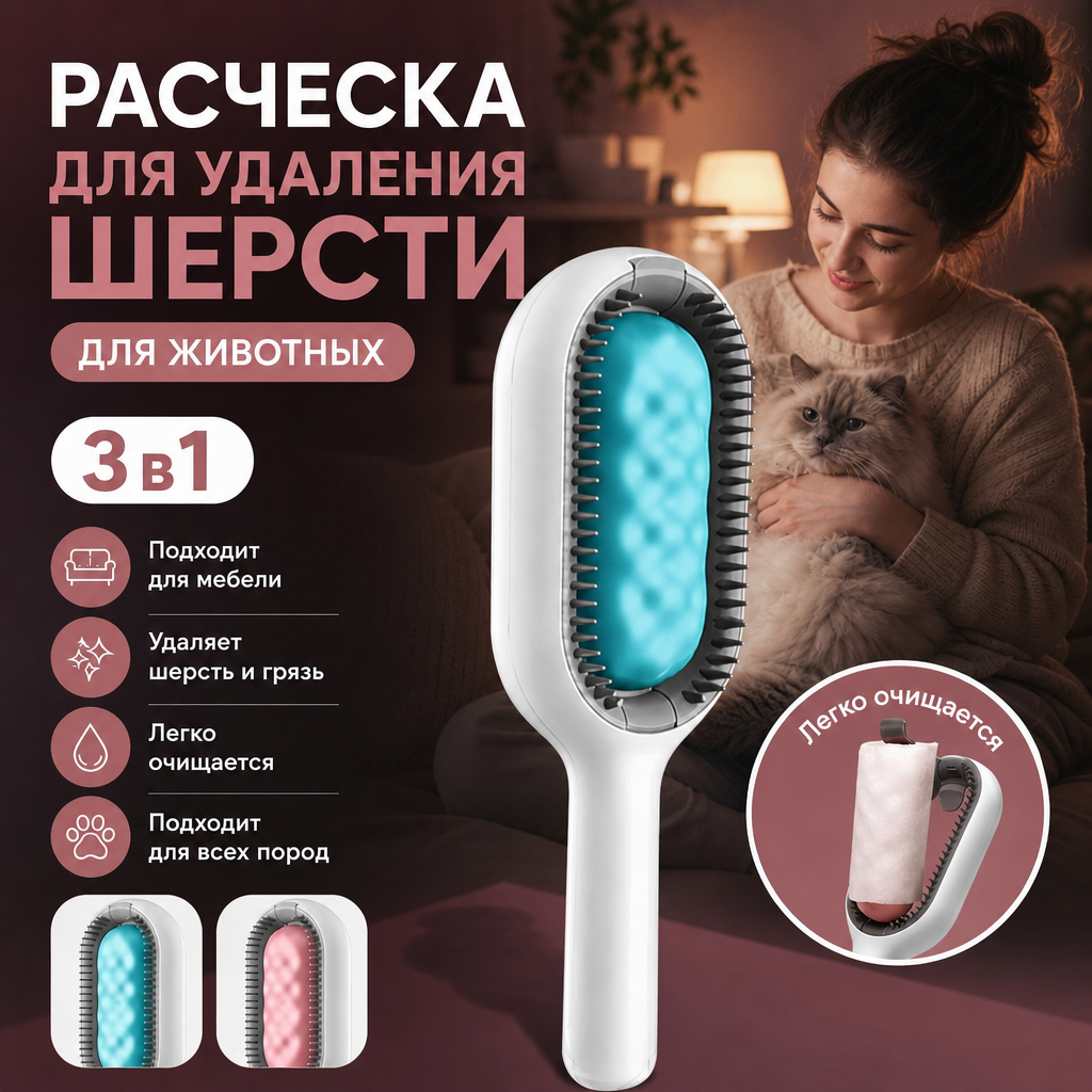Профессиональная щетка для груминга кошек и собак, синий