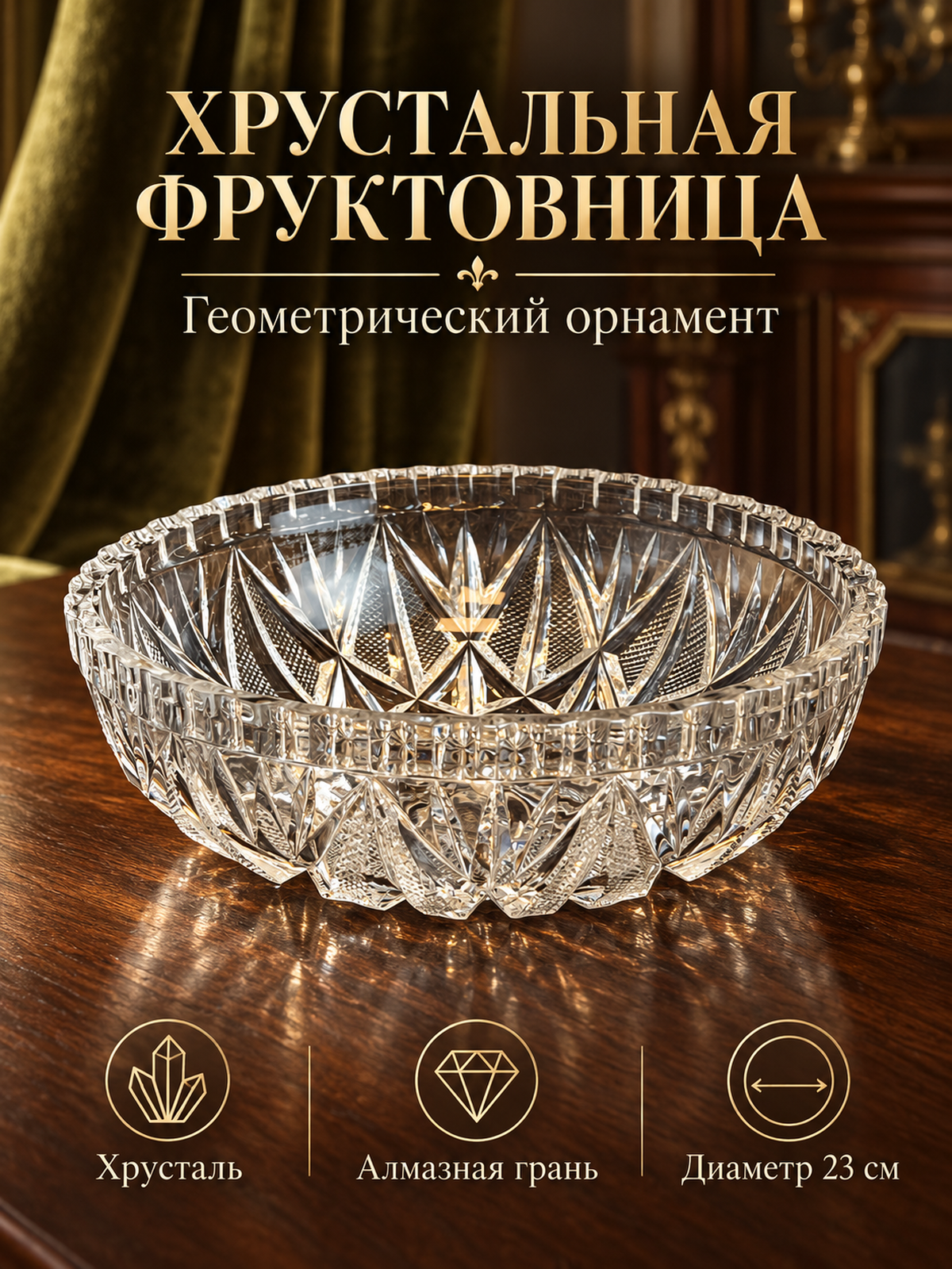 Ваза фруктовница, салатник хрусталь, алмазная грань, геометрический орнамент, винтаж СССР 1970-1990 гг