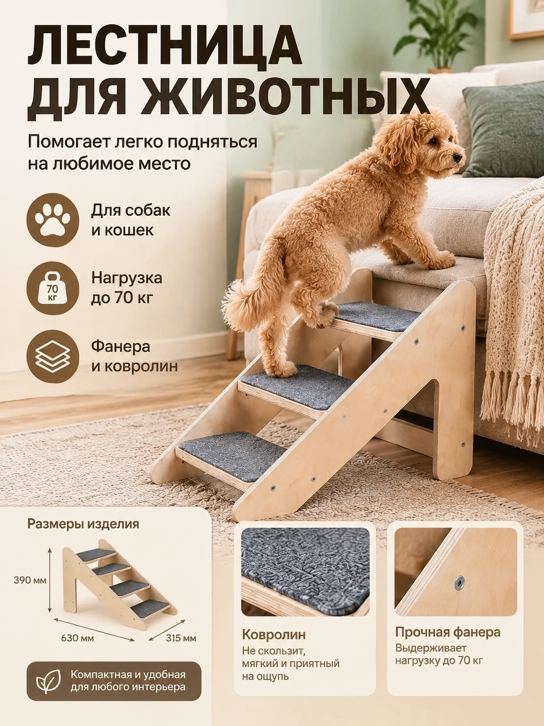 Лестница для животных с 3 ступенями, фанера и ковролин, нагрузка до 70 кг