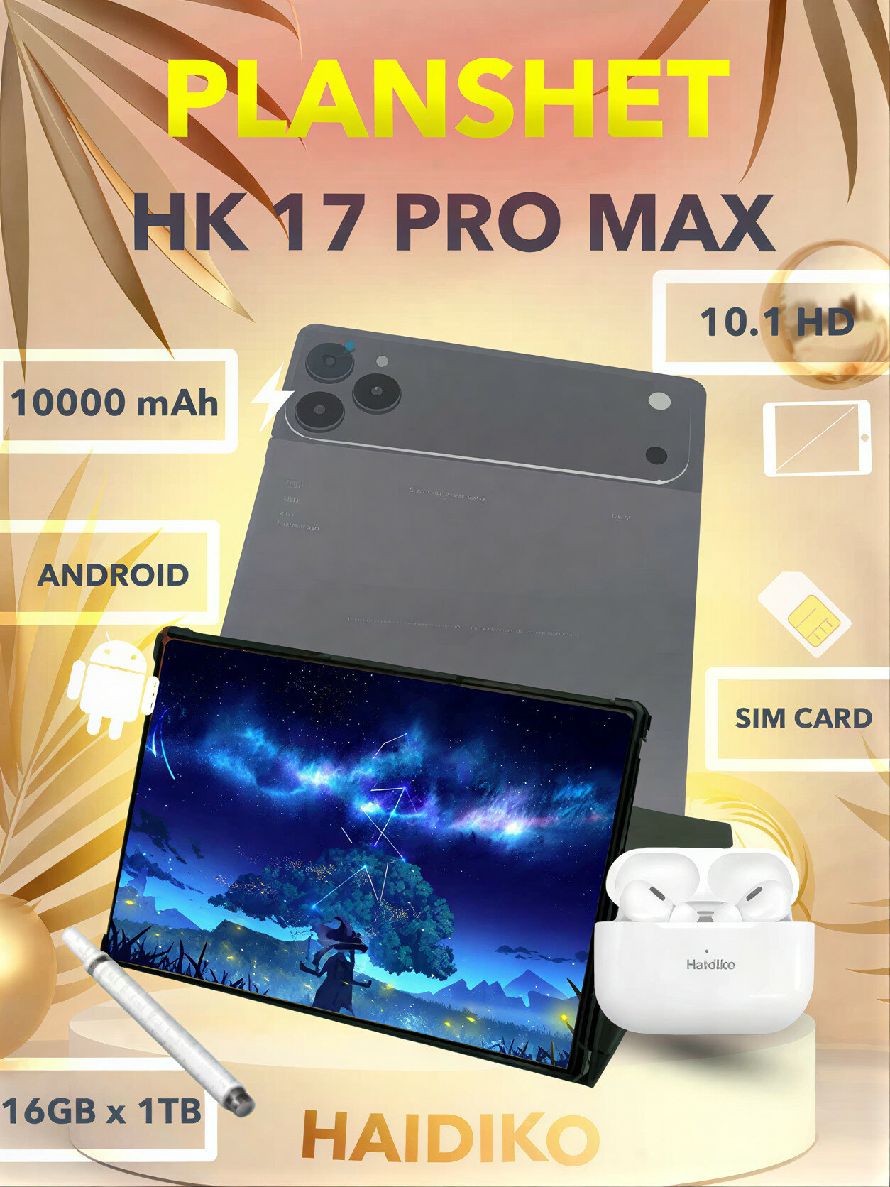 Планшет-ноутбук Haidiko HK17 Pro Max 10.1″ 16/1 ТБ с полным комплектом: клавиатура, мышь, стилус, беспроводные наушники