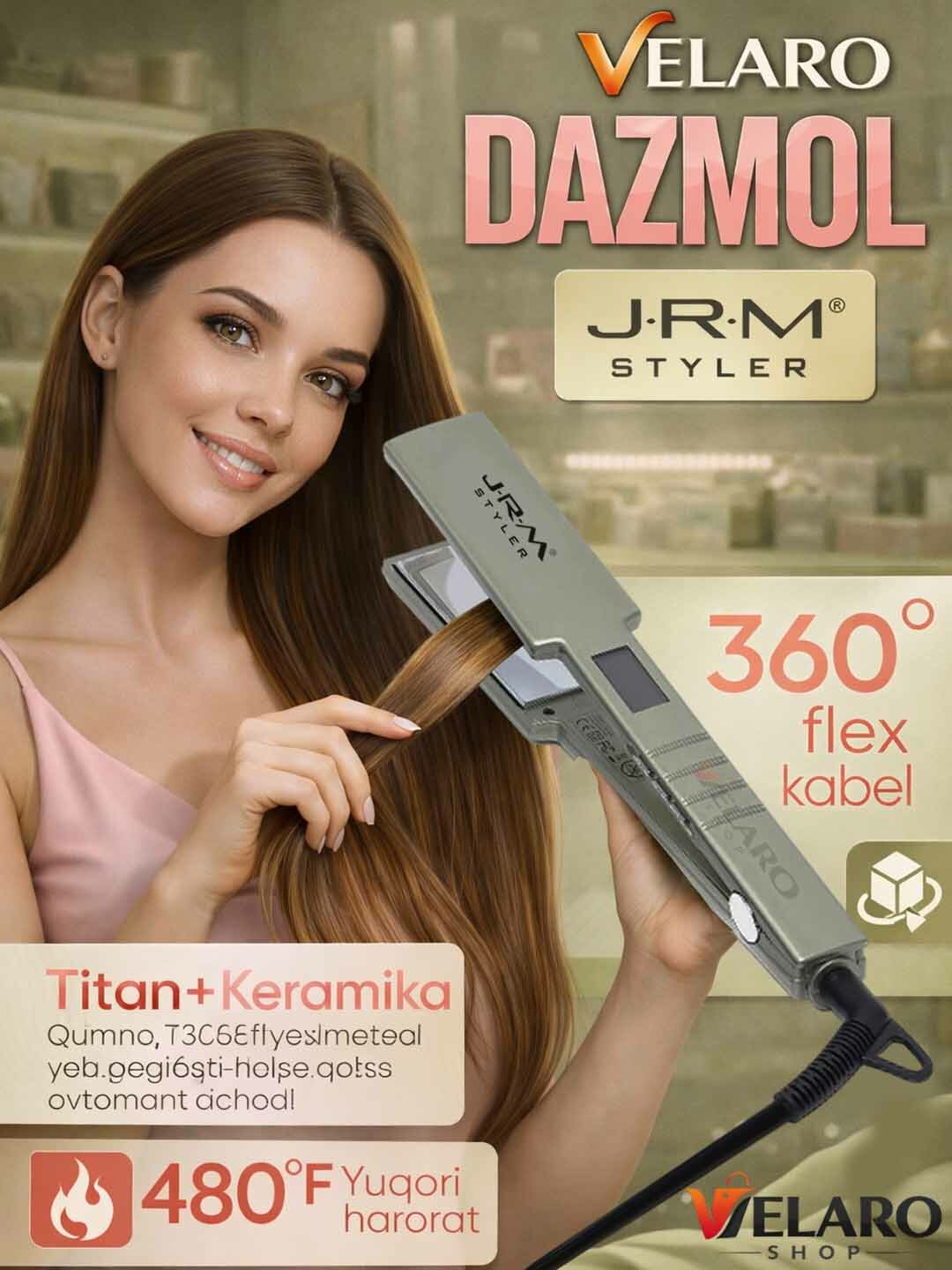 JRM Styler — профессиональный утюжок для выпрямления волос с титановыми пластинами, регулировка температуры 176–480°F