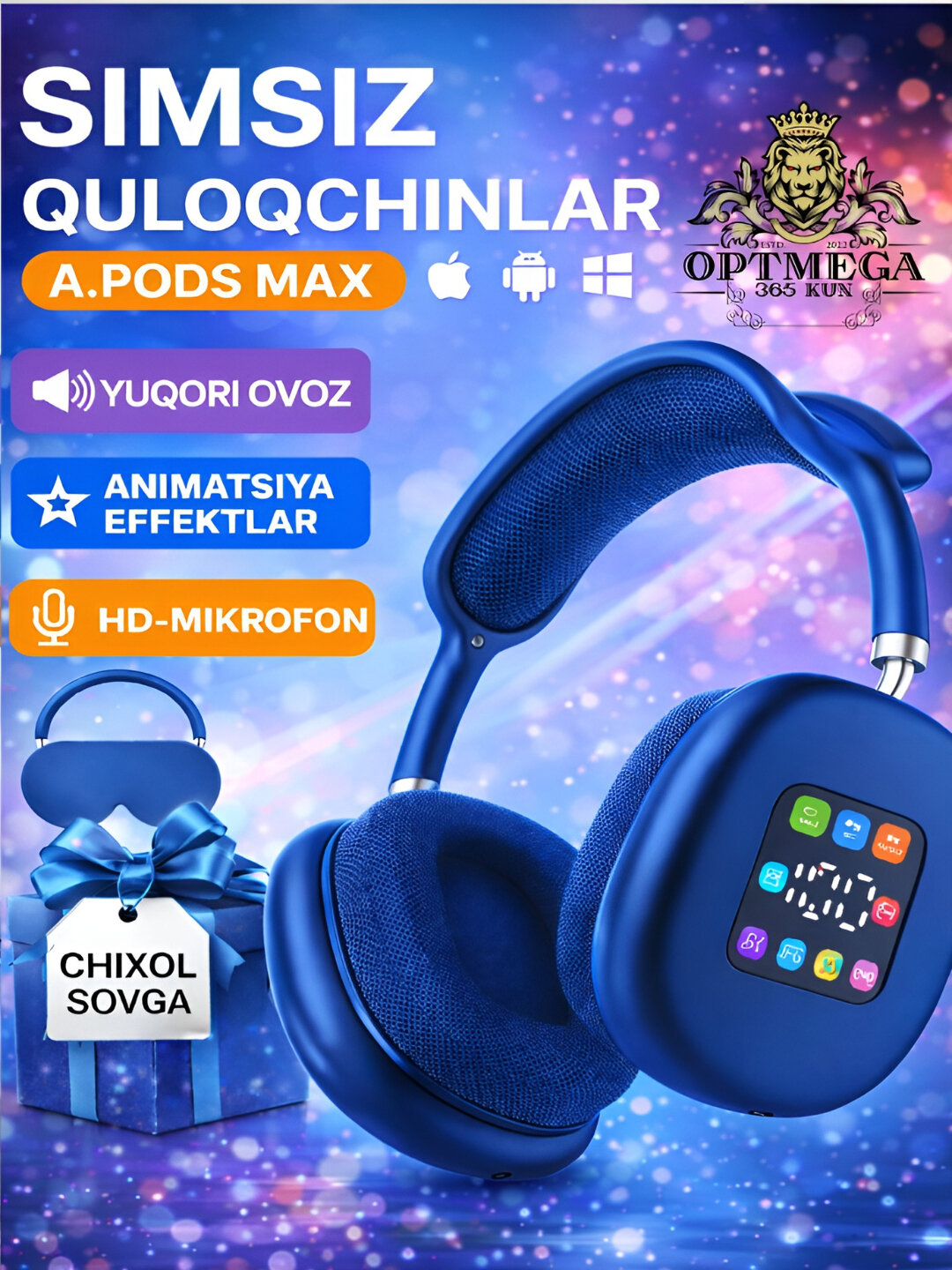 Беспроводные наушники P9 Bluetooth с экраном, микрофон, басс, поддержка SD и AUX - Синий